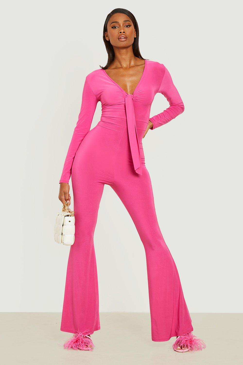 Tie Front Flare Leg Slinky Jumpsuit boohoo